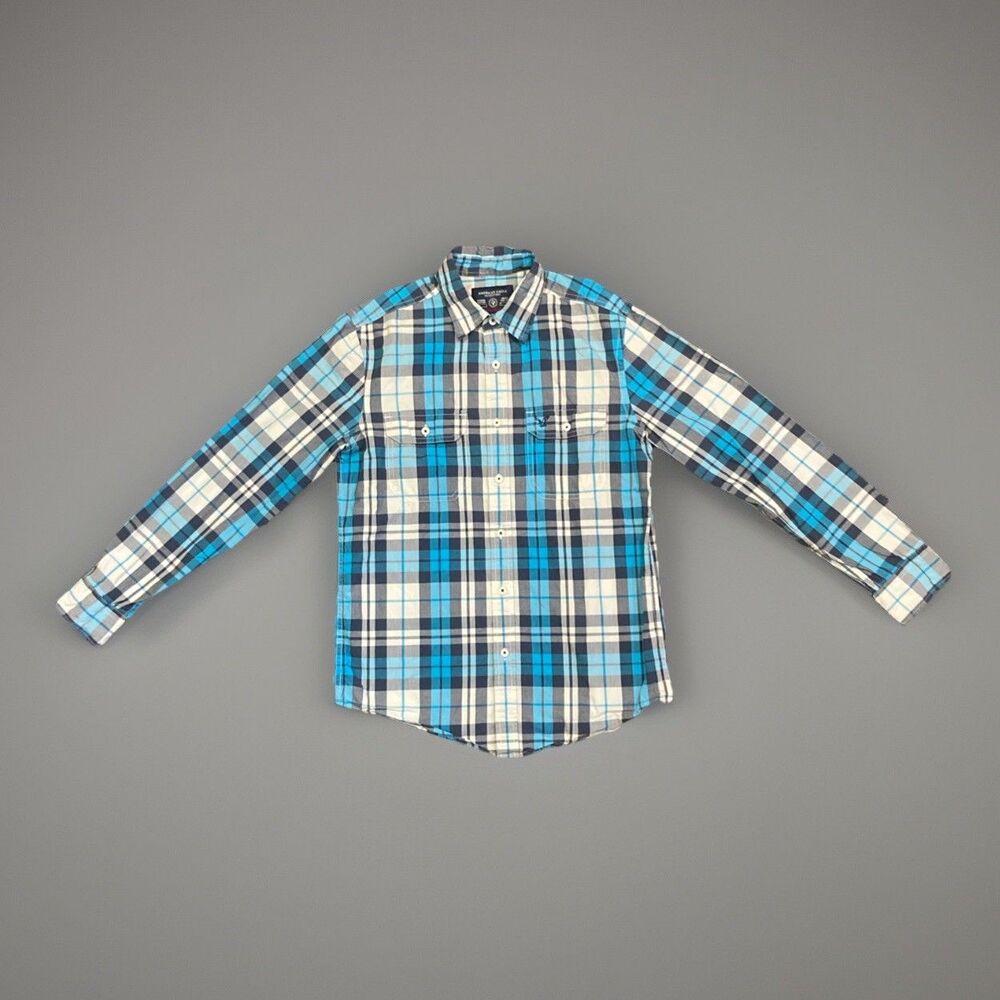 American Eagle Blue Plaid Button Long Sleeve Shirt Mens Size Small